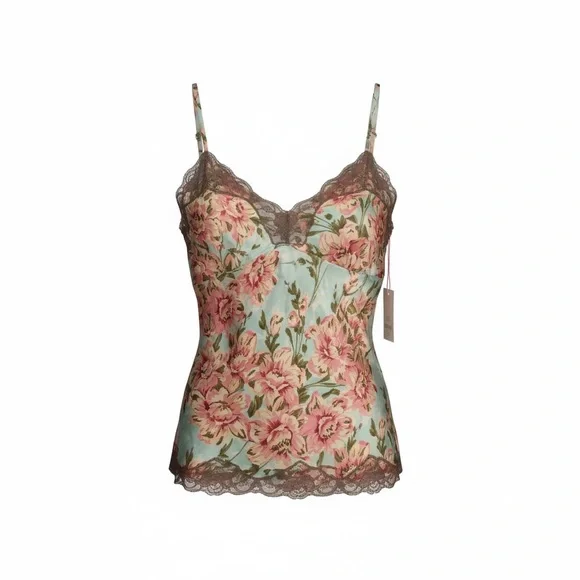 Gold Hawk 100% silk top floral print, Tiffany frappe lace sleeveless Cami M - Picture 6 of 7